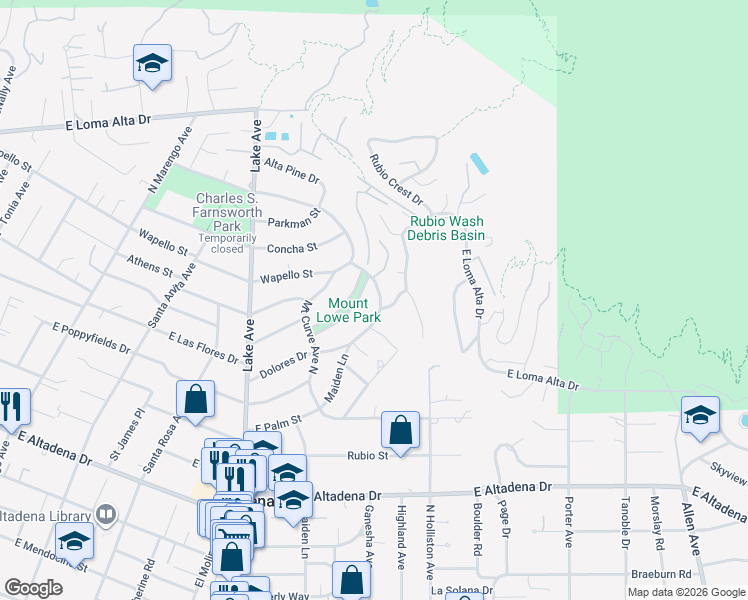 map of restaurants, bars, coffee shops, grocery stores, and more near 3079 Maiden Lane in Altadena