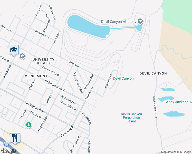 map of restaurants, bars, coffee shops, grocery stores, and more near 6384 Pine Avenue North in San Bernardino