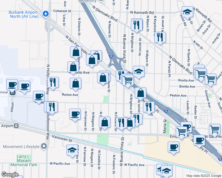 map of restaurants, bars, coffee shops, grocery stores, and more near 2239 North Frederic Street in Burbank