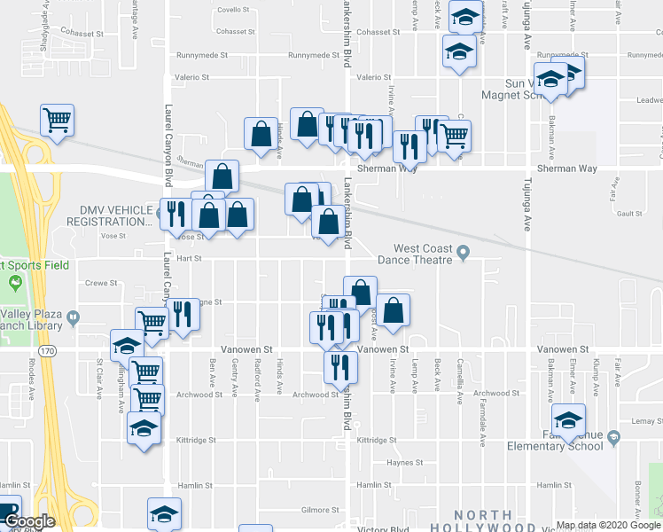 map of restaurants, bars, coffee shops, grocery stores, and more near 6944 Simpson Avenue in Los Angeles