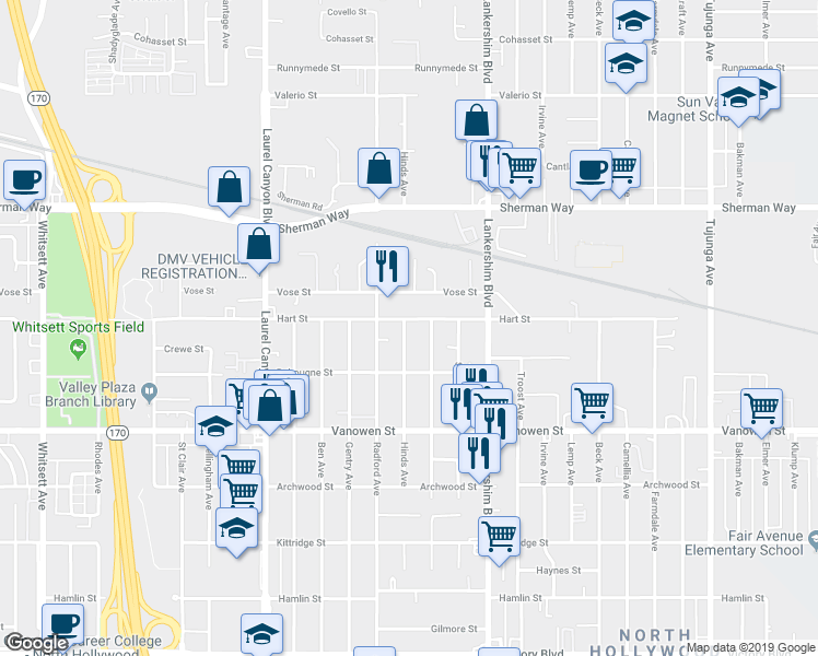 map of restaurants, bars, coffee shops, grocery stores, and more near 6940 Hinds Avenue in Los Angeles