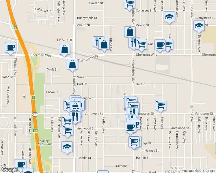 map of restaurants, bars, coffee shops, grocery stores, and more near 6938 Radford Avenue in Los Angeles