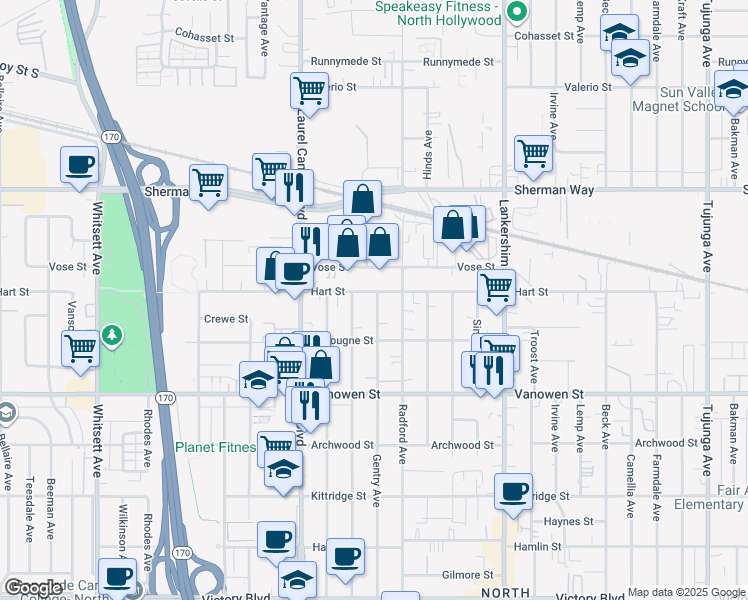 map of restaurants, bars, coffee shops, grocery stores, and more near 6941 Gentry Avenue in Los Angeles