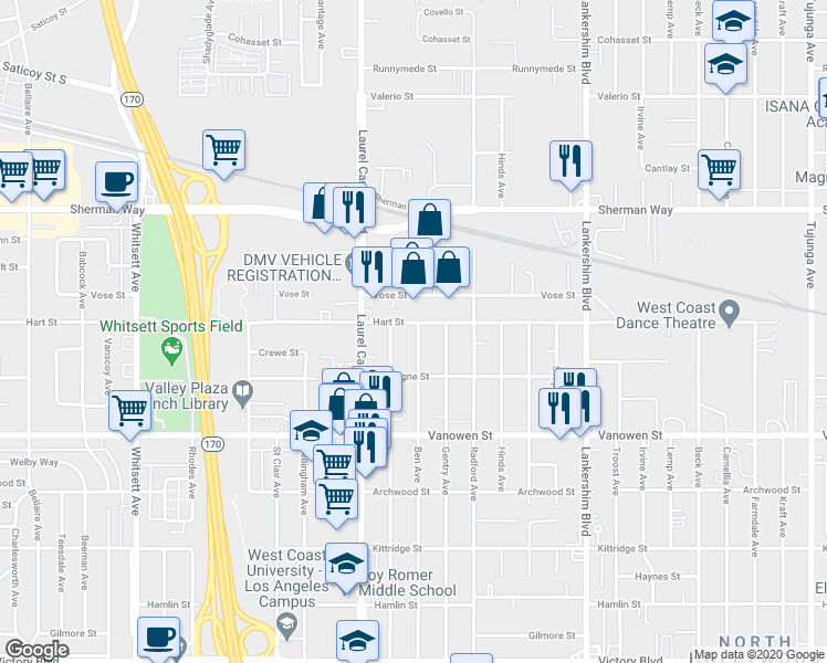 map of restaurants, bars, coffee shops, grocery stores, and more near 6936 Agnes Avenue in Los Angeles