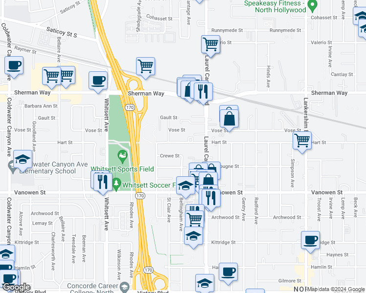 map of restaurants, bars, coffee shops, grocery stores, and more near 12148 Hart Street in Los Angeles