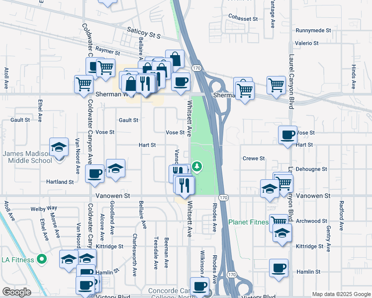 map of restaurants, bars, coffee shops, grocery stores, and more near 6943 Whitsett Avenue in Los Angeles