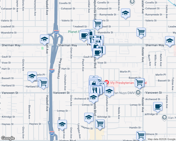 map of restaurants, bars, coffee shops, grocery stores, and more near 6945 Sepulveda Boulevard in Los Angeles