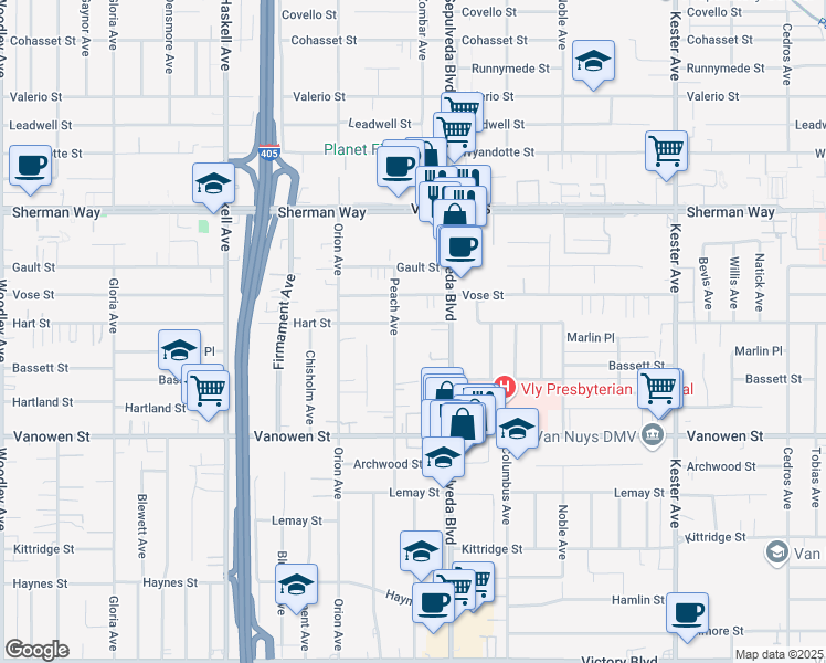 map of restaurants, bars, coffee shops, grocery stores, and more near 6945 Sepulveda Boulevard in Los Angeles