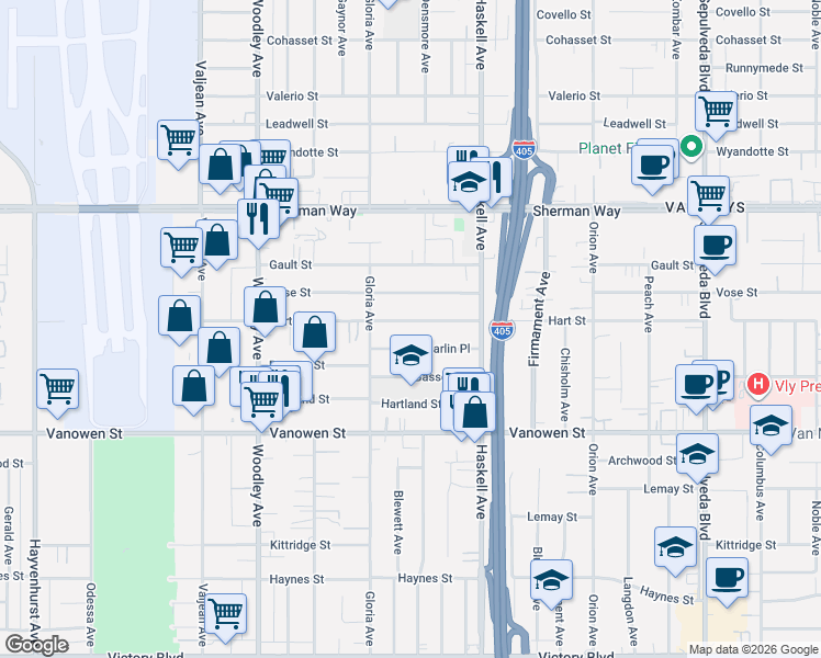 map of restaurants, bars, coffee shops, grocery stores, and more near 15811 Marlin Place in Los Angeles