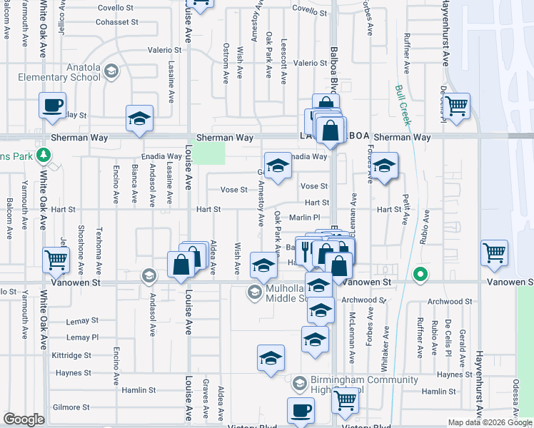 map of restaurants, bars, coffee shops, grocery stores, and more near 17024 Marlin Place in Los Angeles
