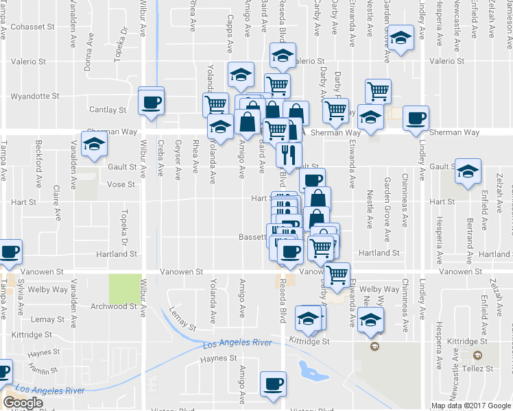map of restaurants, bars, coffee shops, grocery stores, and more near 6947 Baird Avenue in Los Angeles