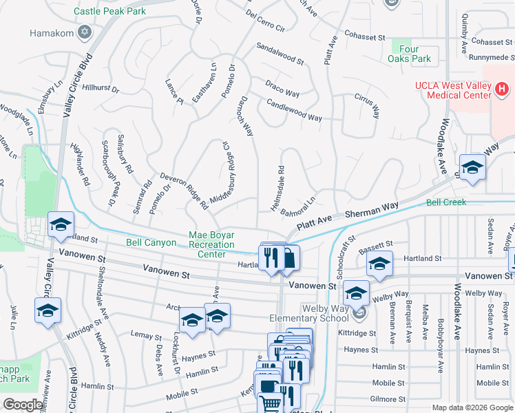 map of restaurants, bars, coffee shops, grocery stores, and more near 7000 Darnoch Way in Los Angeles