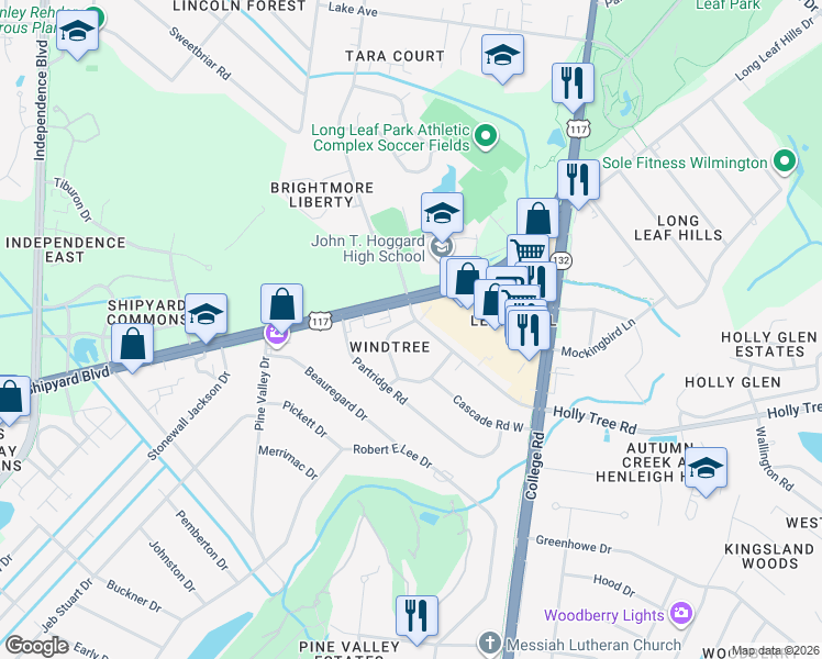 map of restaurants, bars, coffee shops, grocery stores, and more near 4417 Windtree Road in Wilmington