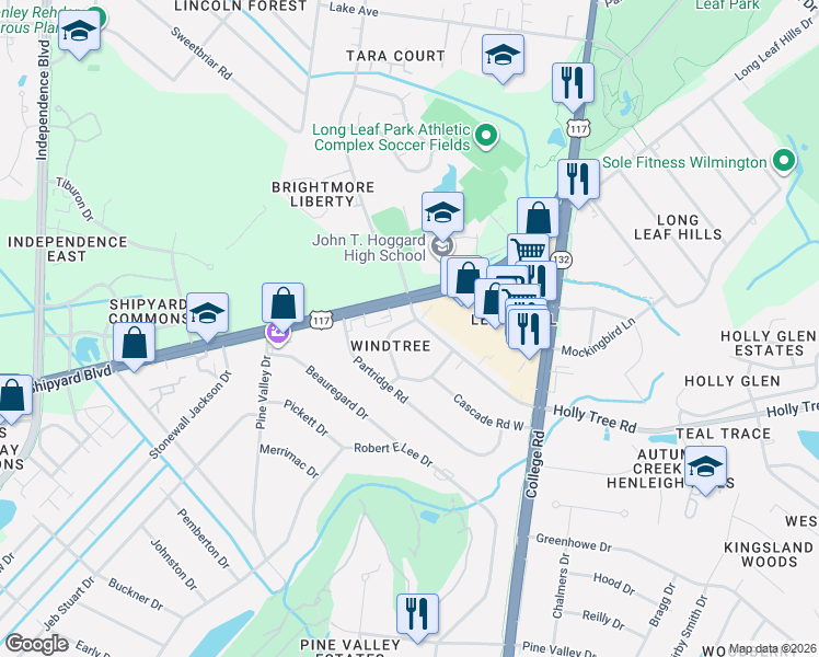 map of restaurants, bars, coffee shops, grocery stores, and more near 4417 Windtree Road in Wilmington