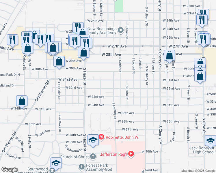 map of restaurants, bars, coffee shops, grocery stores, and more near 1804 West 32nd Avenue in Pine Bluff