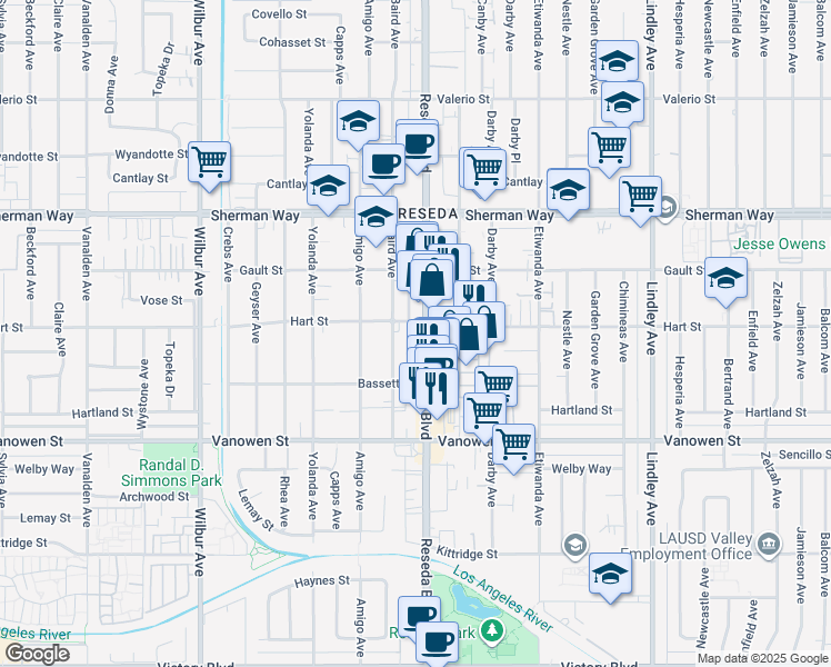 map of restaurants, bars, coffee shops, grocery stores, and more near 6955 Reseda Boulevard in Los Angeles