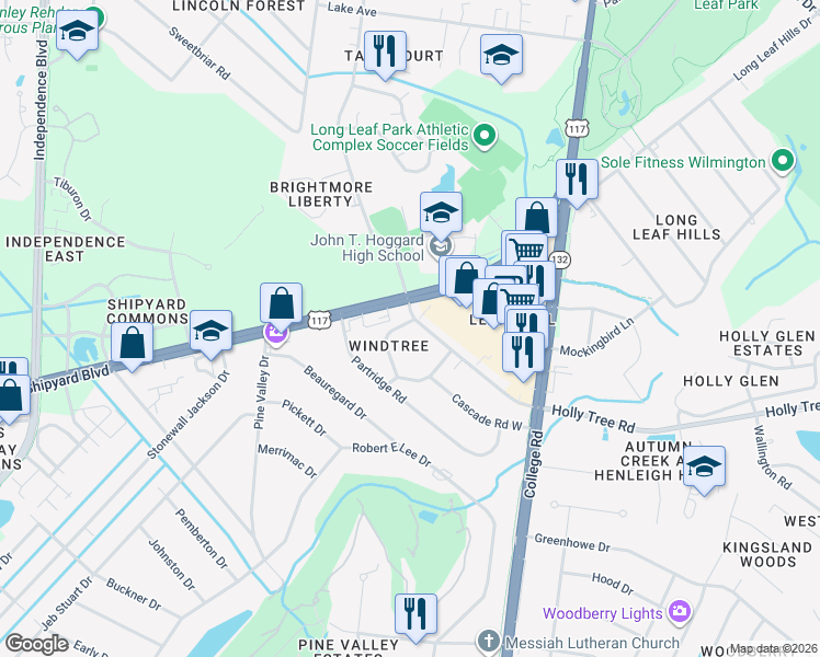 map of restaurants, bars, coffee shops, grocery stores, and more near 4417 Windtree Road in Wilmington