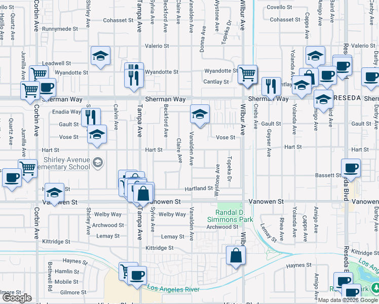 map of restaurants, bars, coffee shops, grocery stores, and more near 19100 Hart Street in Los Angeles