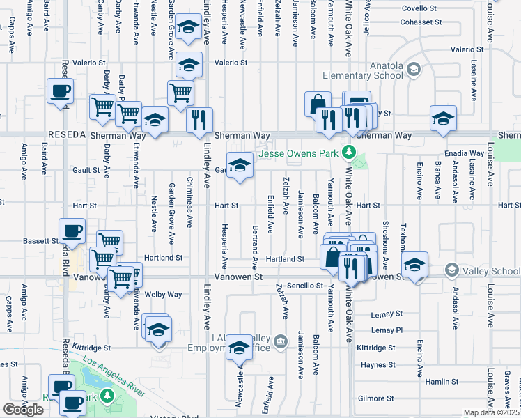 map of restaurants, bars, coffee shops, grocery stores, and more near 6956 Bertrand Avenue in Los Angeles
