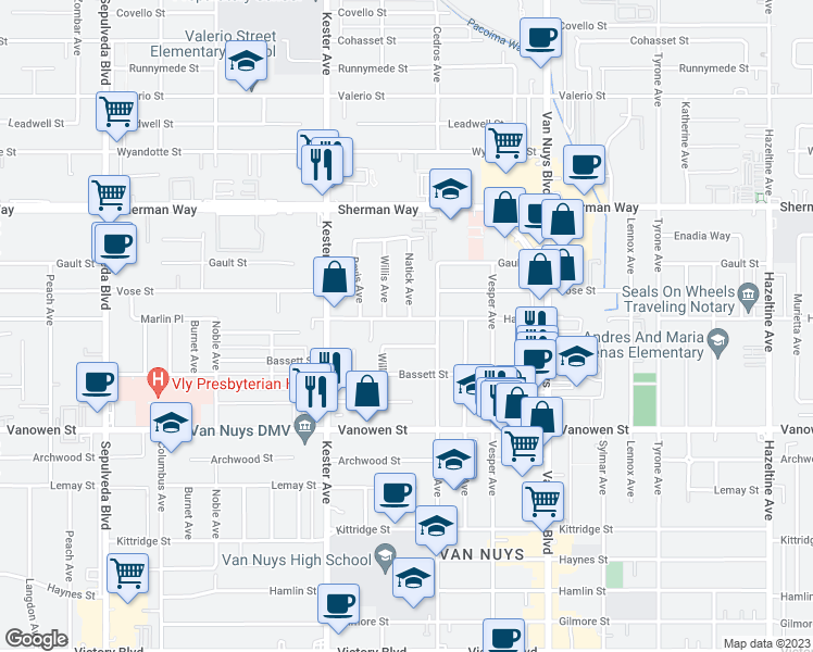 map of restaurants, bars, coffee shops, grocery stores, and more near 14732 Hart Street in Los Angeles