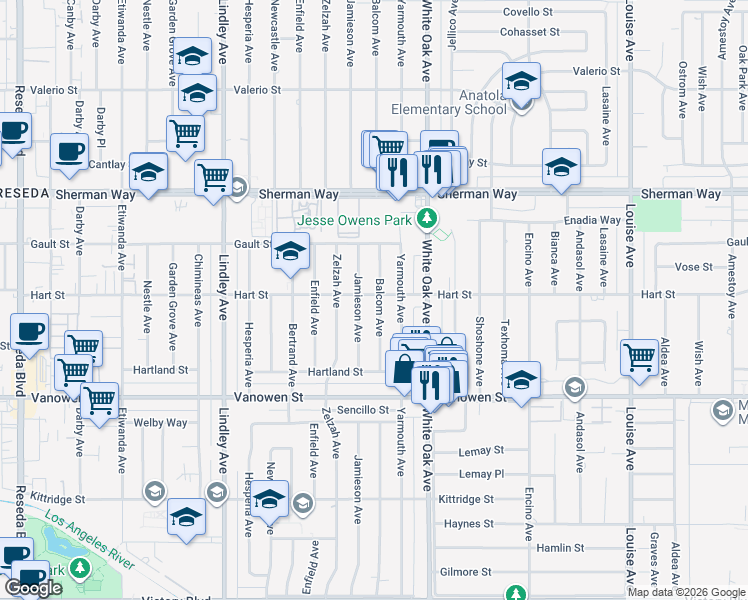 map of restaurants, bars, coffee shops, grocery stores, and more near 6961 Balcom Avenue in Los Angeles