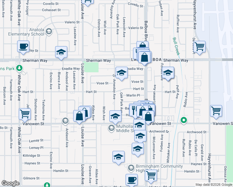map of restaurants, bars, coffee shops, grocery stores, and more near 17024 Marlin Place in Los Angeles