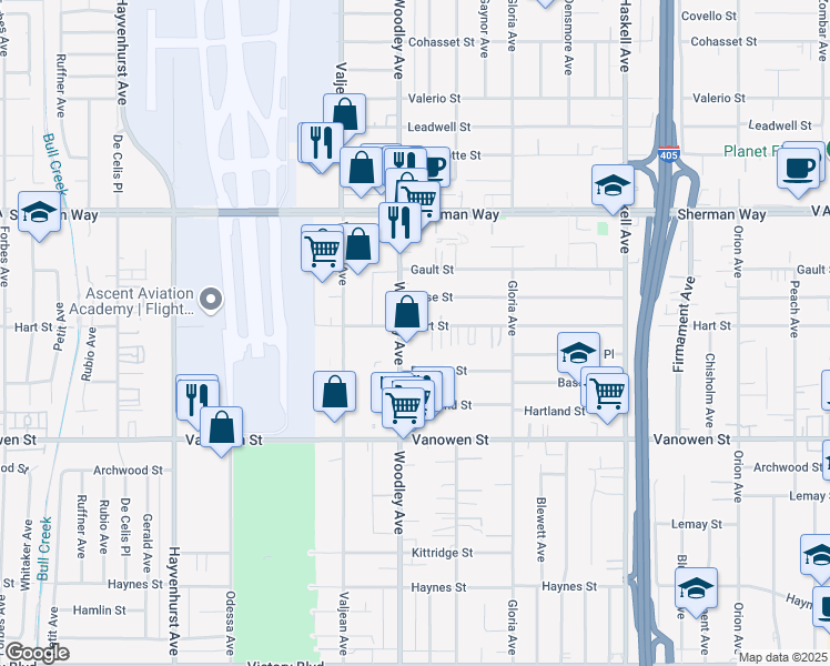 map of restaurants, bars, coffee shops, grocery stores, and more near 16050 Hart Street in Los Angeles