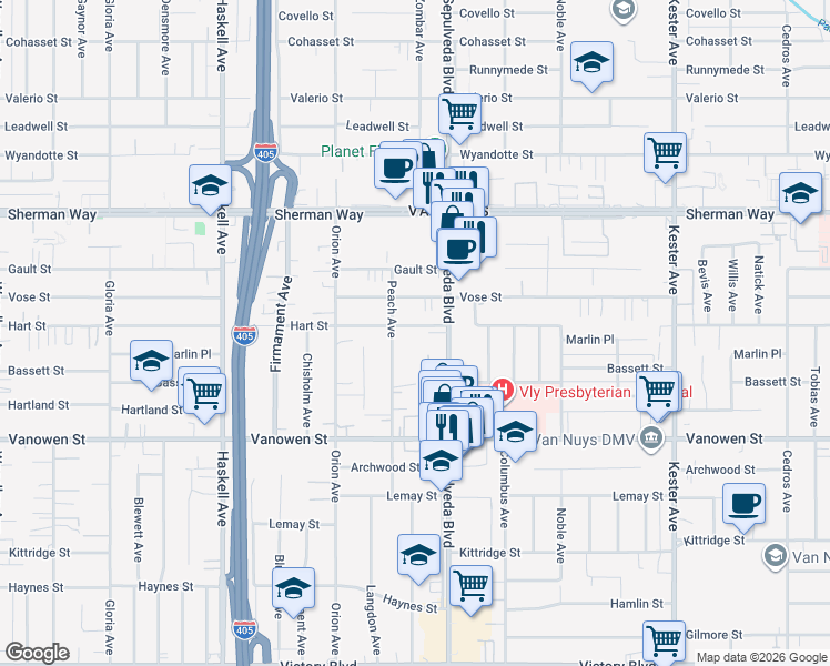 map of restaurants, bars, coffee shops, grocery stores, and more near 6945 Sepulveda Boulevard in Los Angeles