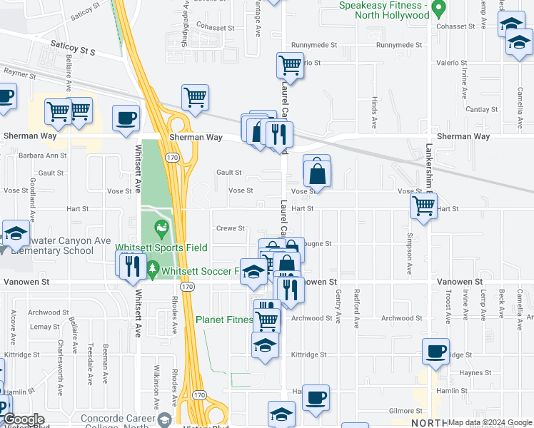 map of restaurants, bars, coffee shops, grocery stores, and more near 12130 Hart Street in North Hollywood