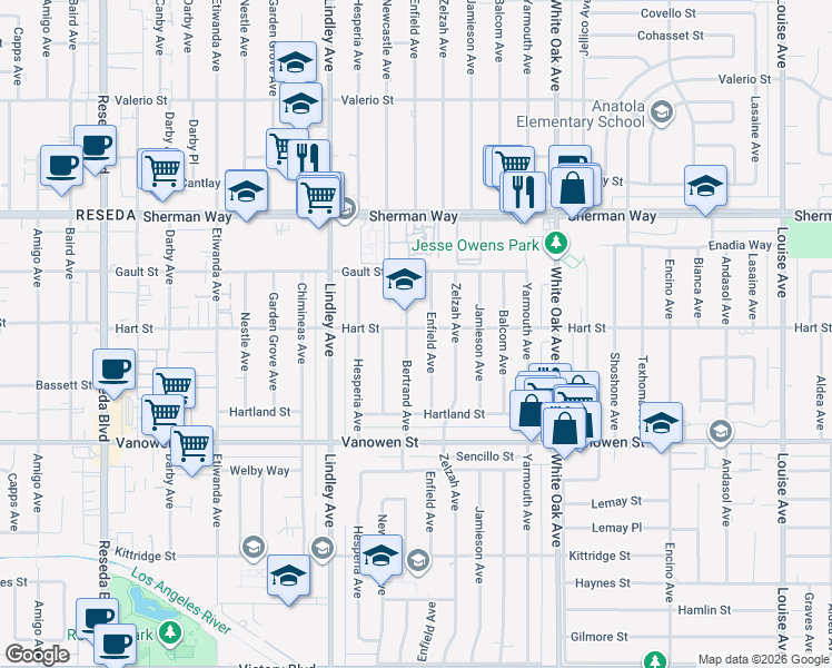 map of restaurants, bars, coffee shops, grocery stores, and more near 6956 Bertrand Avenue in Los Angeles