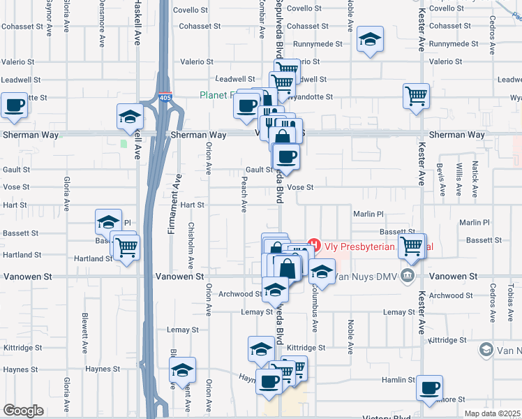 map of restaurants, bars, coffee shops, grocery stores, and more near 15330 Hart Street in Los Angeles