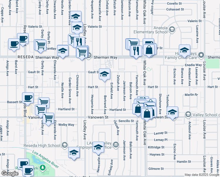 map of restaurants, bars, coffee shops, grocery stores, and more near 6946 Bertrand Avenue in Los Angeles