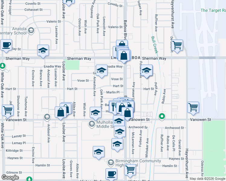 map of restaurants, bars, coffee shops, grocery stores, and more near 16943 Marlin Place in Los Angeles