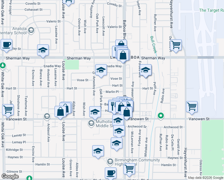 map of restaurants, bars, coffee shops, grocery stores, and more near 16943 Marlin Place in Los Angeles