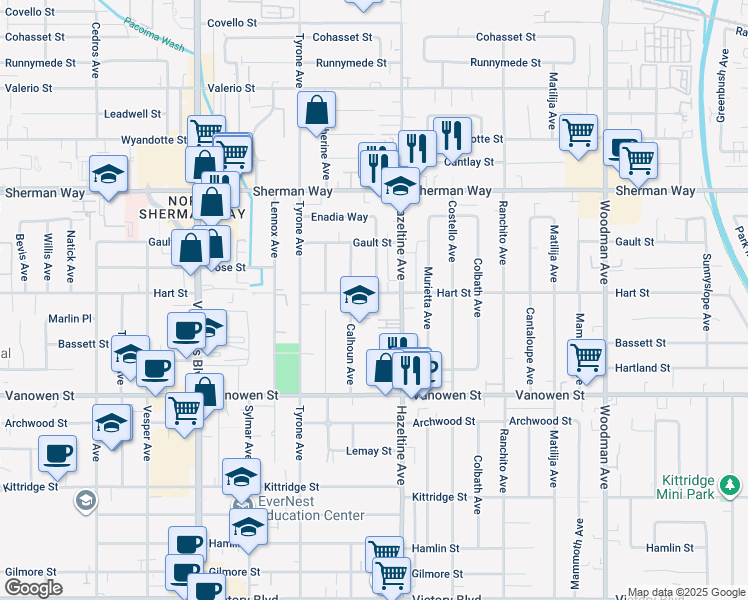 map of restaurants, bars, coffee shops, grocery stores, and more near 14130 Hart Street in Los Angeles