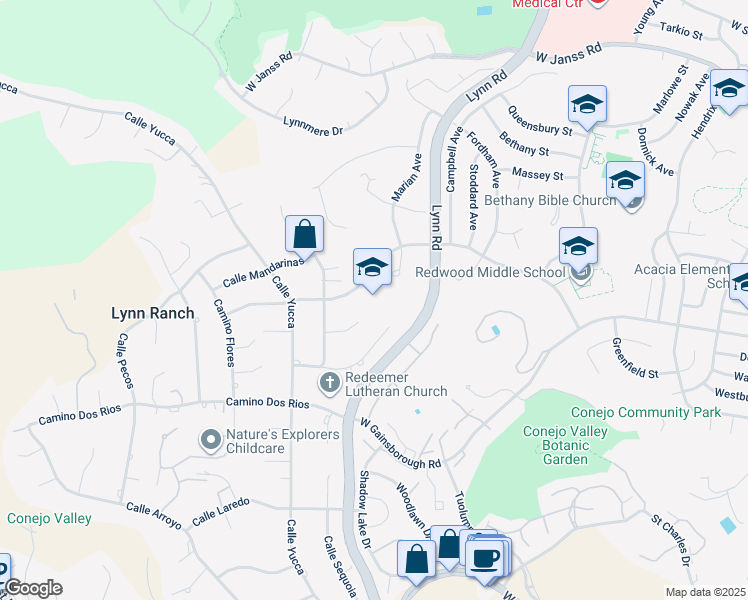 map of restaurants, bars, coffee shops, grocery stores, and more near 612 Camino Manzanas in Thousand Oaks