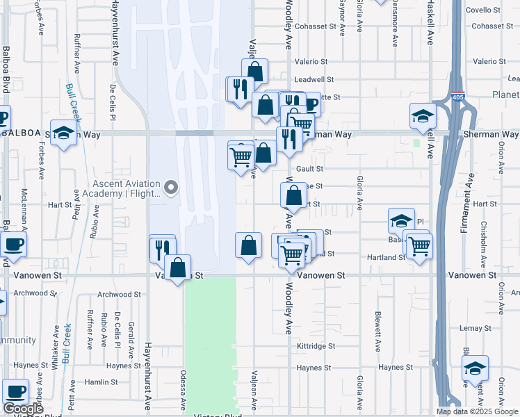 map of restaurants, bars, coffee shops, grocery stores, and more near 6960 Valjean Avenue in Los Angeles