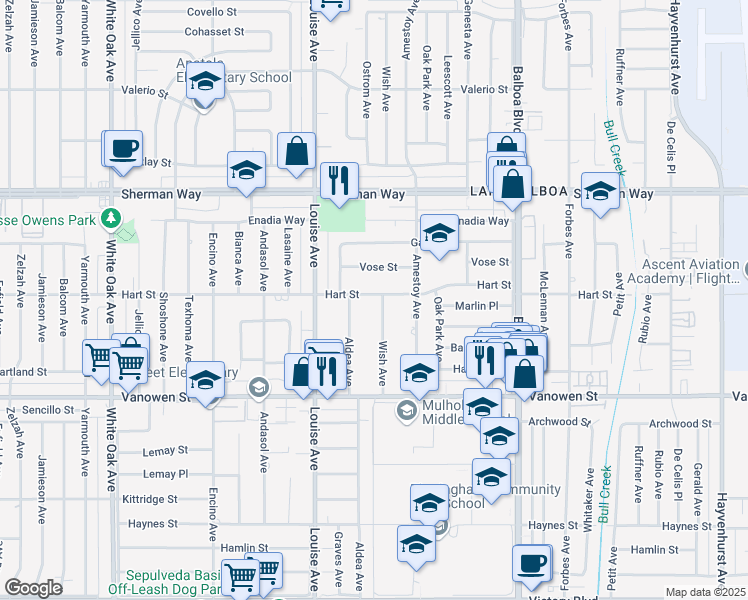 map of restaurants, bars, coffee shops, grocery stores, and more near 6957 Wish Avenue in Los Angeles