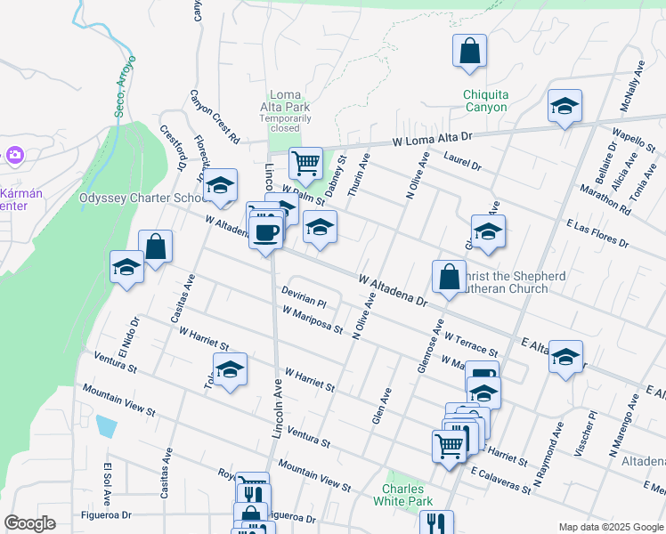 map of restaurants, bars, coffee shops, grocery stores, and more near West Altadena Drive in Altadena