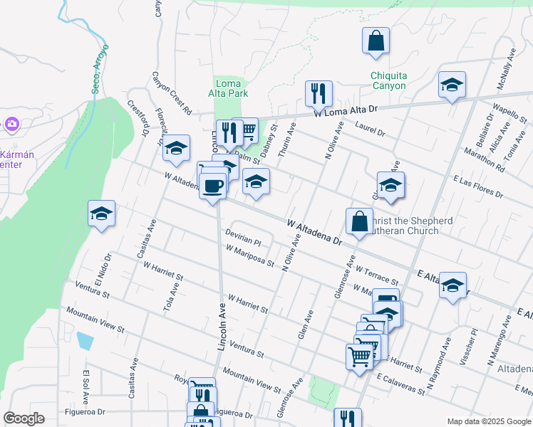 map of restaurants, bars, coffee shops, grocery stores, and more near West Altadena Drive in Altadena