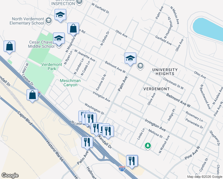 map of restaurants, bars, coffee shops, grocery stores, and more near 6390 Angels Peak Drive in San Bernardino