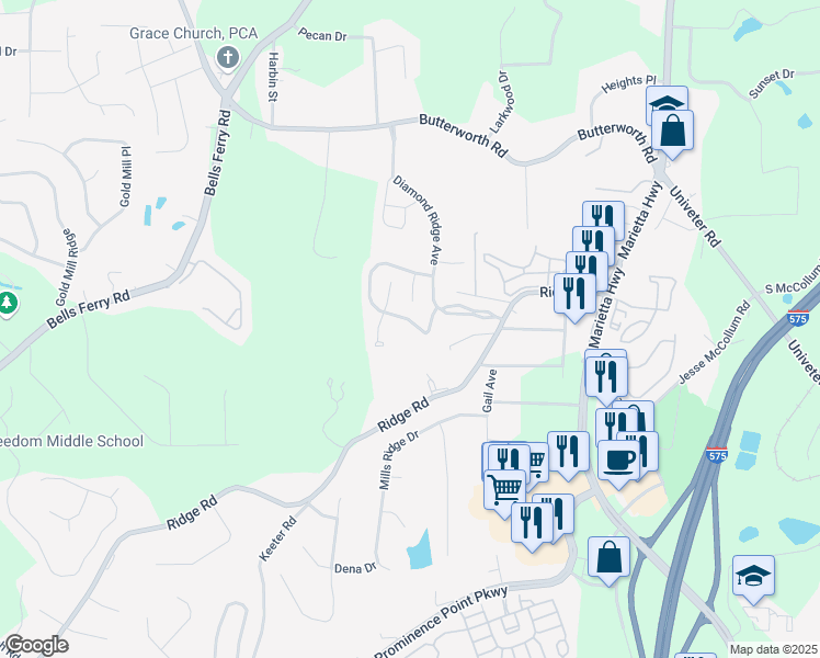 map of restaurants, bars, coffee shops, grocery stores, and more near 221 Diamond Valley Pass in Canton