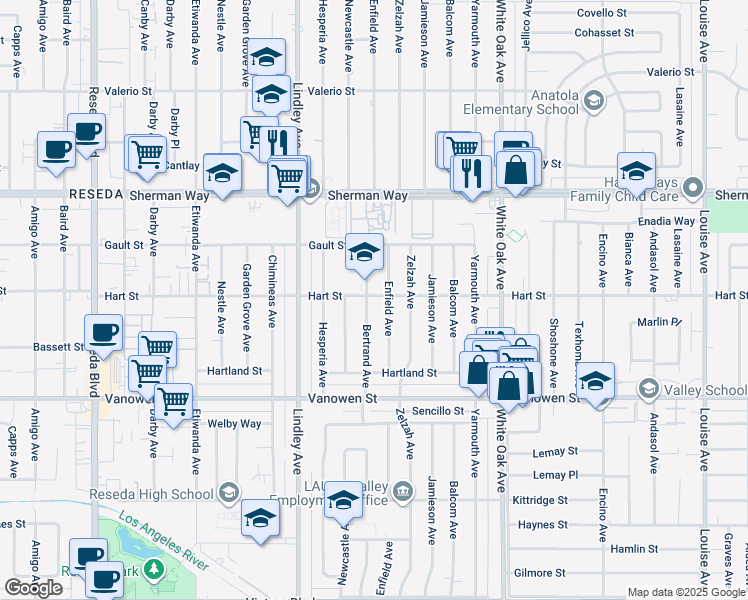map of restaurants, bars, coffee shops, grocery stores, and more near 6946 Bertrand Avenue in Los Angeles