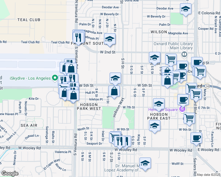 map of restaurants, bars, coffee shops, grocery stores, and more near 710 West 5th Street in Oxnard
