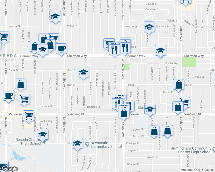 map of restaurants, bars, coffee shops, grocery stores, and more near 6961 Balcom Avenue in Los Angeles