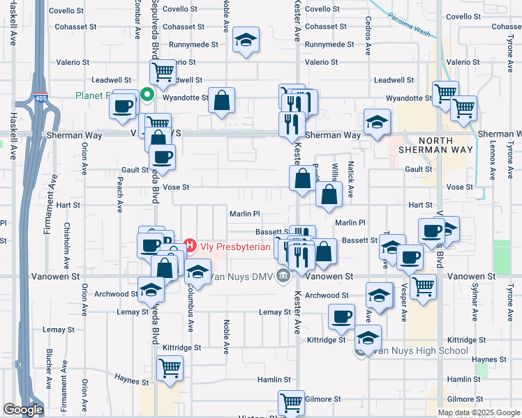 map of restaurants, bars, coffee shops, grocery stores, and more near 14958 Marlin Place in Los Angeles