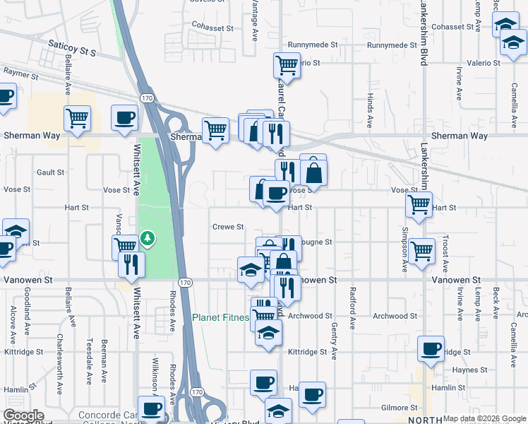map of restaurants, bars, coffee shops, grocery stores, and more near 12130 Hart Street in Los Angeles
