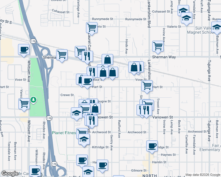 map of restaurants, bars, coffee shops, grocery stores, and more near 11936 Hart Street in Los Angeles