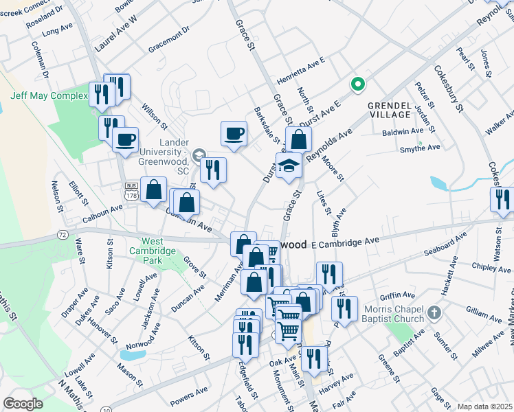 map of restaurants, bars, coffee shops, grocery stores, and more near 401 Durst Avenue West in Greenwood