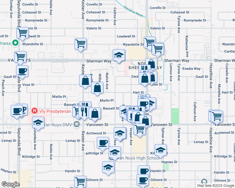 map of restaurants, bars, coffee shops, grocery stores, and more near 6941 Cedros Avenue in Los Angeles